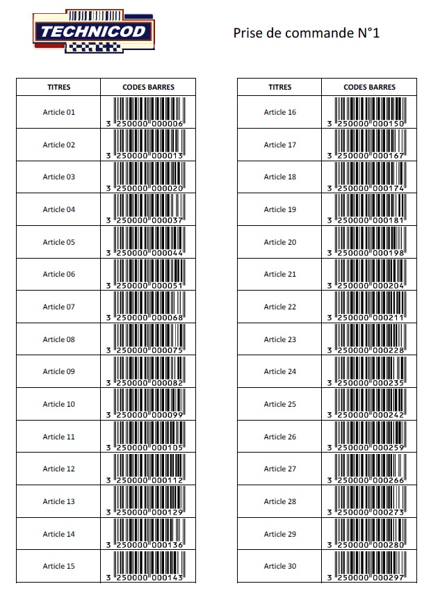 Technicod mise en page avec codes à barres